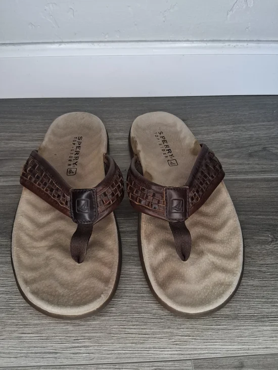 Sperry Top-Sider Men's Brown Woven Leather Flip Flop Sandals Sz 8M Comfort Beach