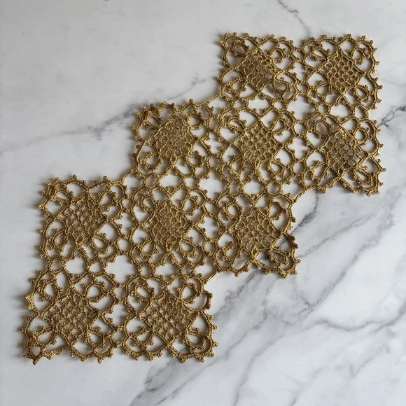 VTG Gold Metallic Crochet Lace Table Runner Joined Motif Handmade Dresser Scarf