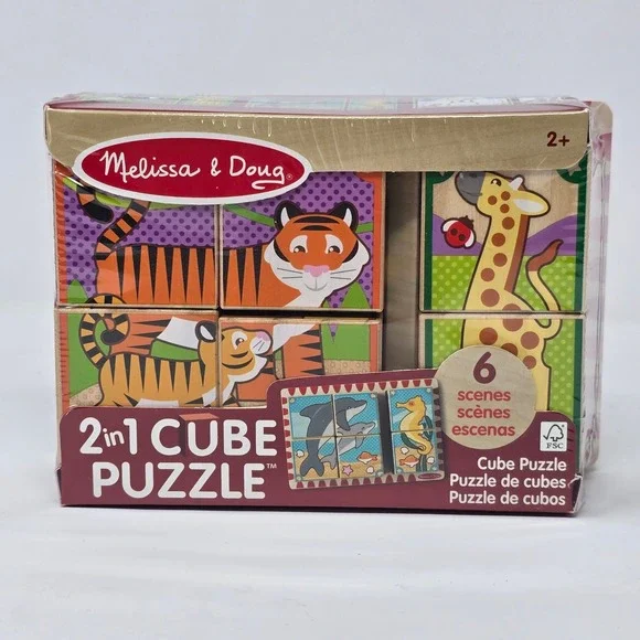 Melissa & Doug 2-in-1‎ Wooden Cube Puzzle Animals 6 Scenes 50274 New