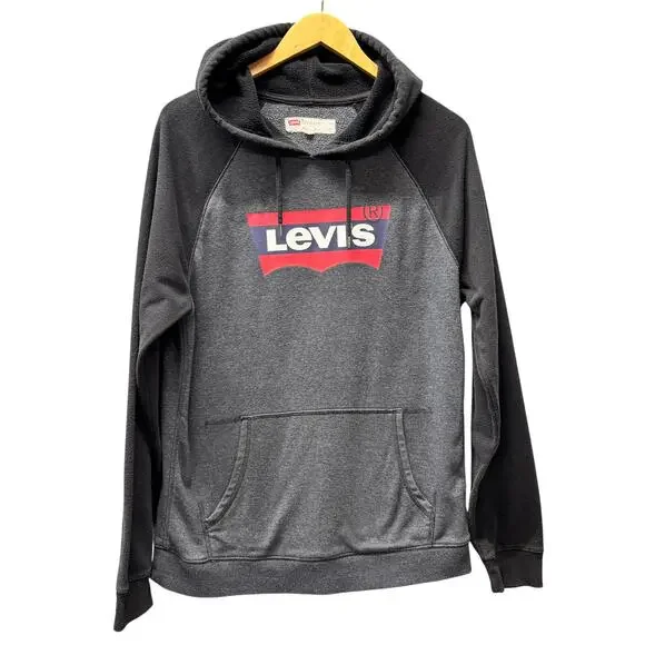 Levi's Hoodie Mens Medium Gray Black Red Logo Pullover Sweatshirt‎ + Pockets
