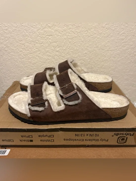 Birkenstock Arizona Shearling Mink Leather Sandal - Brown and Cream