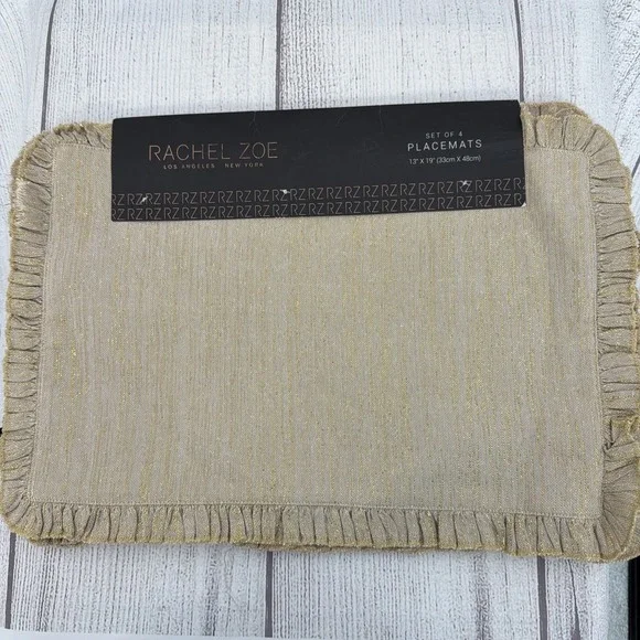 Rachel Zoe Placemats (Set of 4) Gold Metallic Ruffle Woven Jacquard Festive