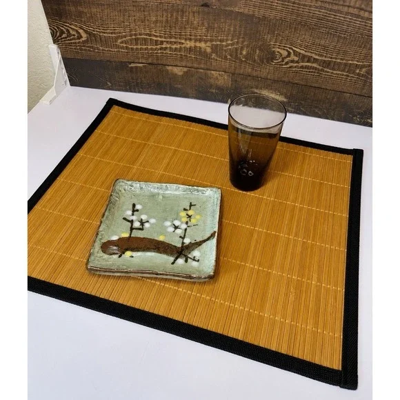 Set of 6 Natural Bamboo Slat Placemats with Black Trim - 18.5