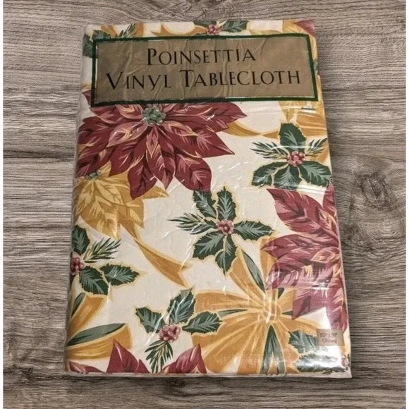 NOS Christmas Tablecloth 90s Vinyl Daytons Poinsettias Hudson Oval 52 x 90 Vtg