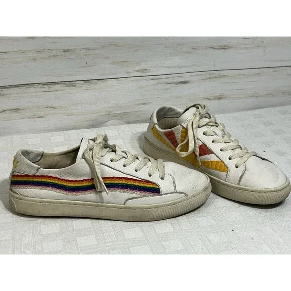 Soludos White Leather Shoe Women's Size 9 Rainbow Sunrise Embroidery Retro 80s