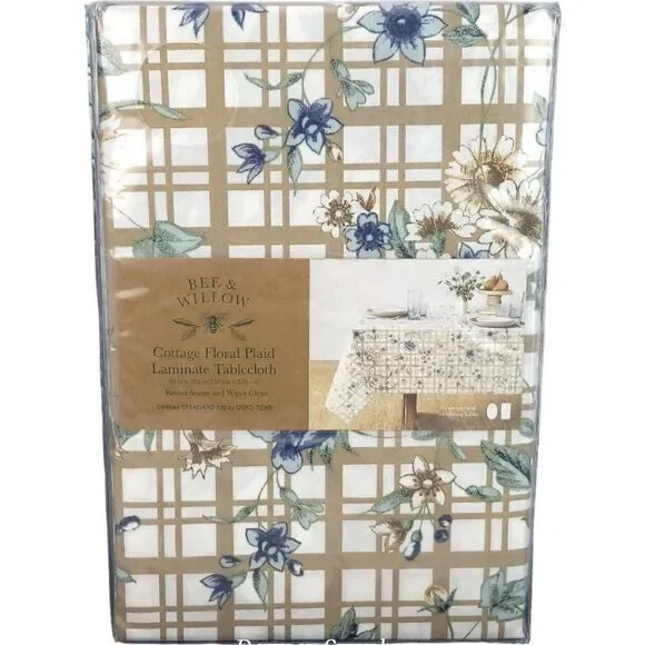 Bee & Willow Cottage Floral Plaid Laminated Fabric Oblong Tablecloth 60x102 New!