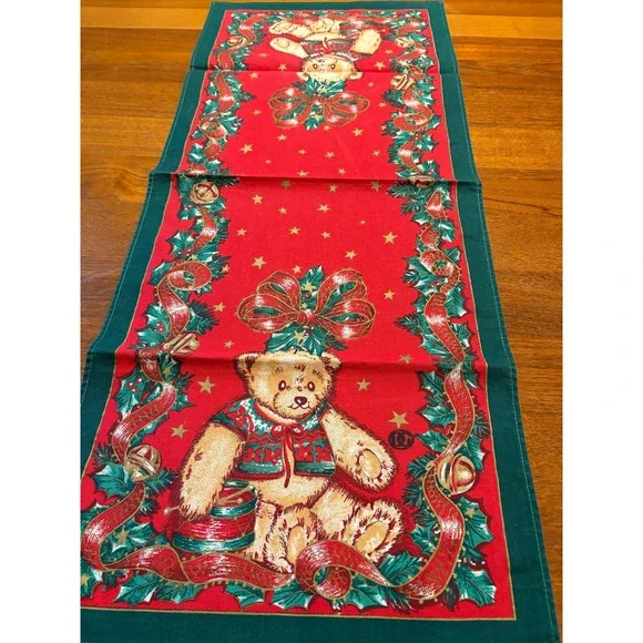 Christmas Teddy Bear Table Runner Red Green Holly  Stars Holiday Decor 14x34‎