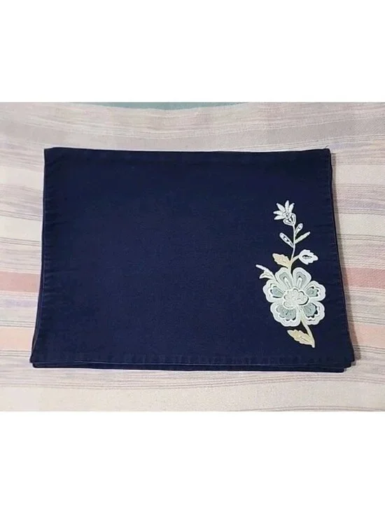 Blue Embroidered Placemats Floral Navy  Cotton Reversable Set Of 6 Americana