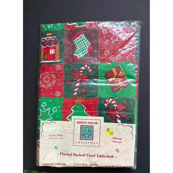 Ashley Taylor Christmas Flannel Backed Vinyl Tablecloth 52x70 Oblong Red Green