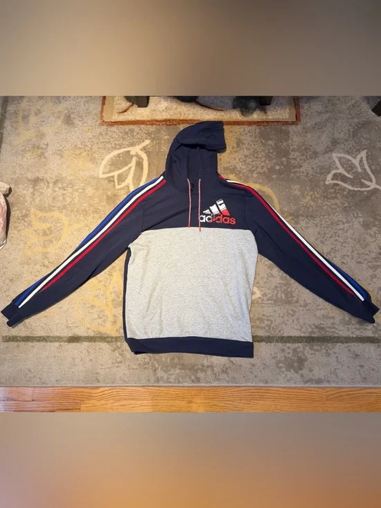 adidas Navy, Gray & Red Colorblock Pullover Hoodie