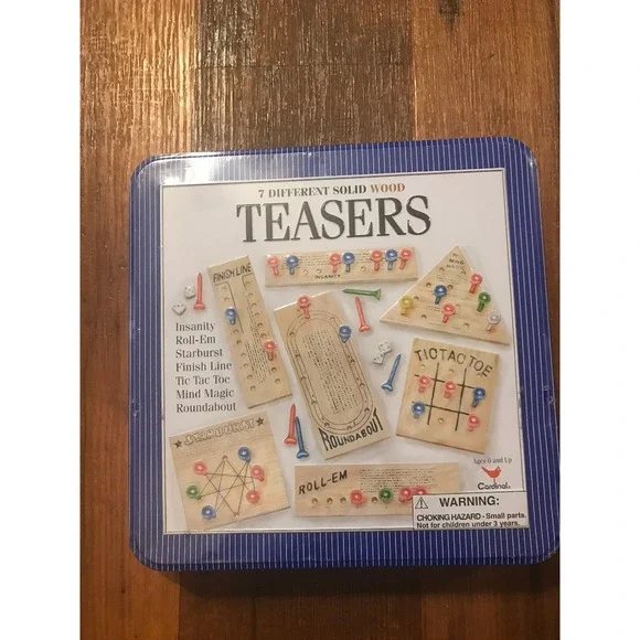 Teasers 7 Different Solid Wood Brain Exercise Game Tin New