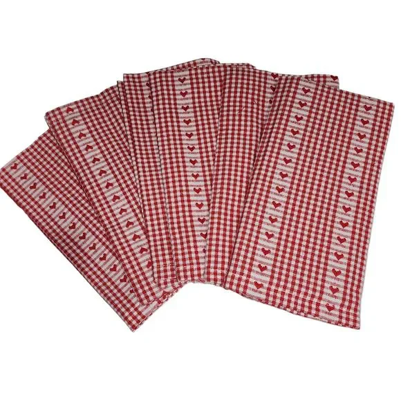 Rachel Ashwell 6pc Red and White Checkered Napkin Set Embroidered Hearts‎ NEW