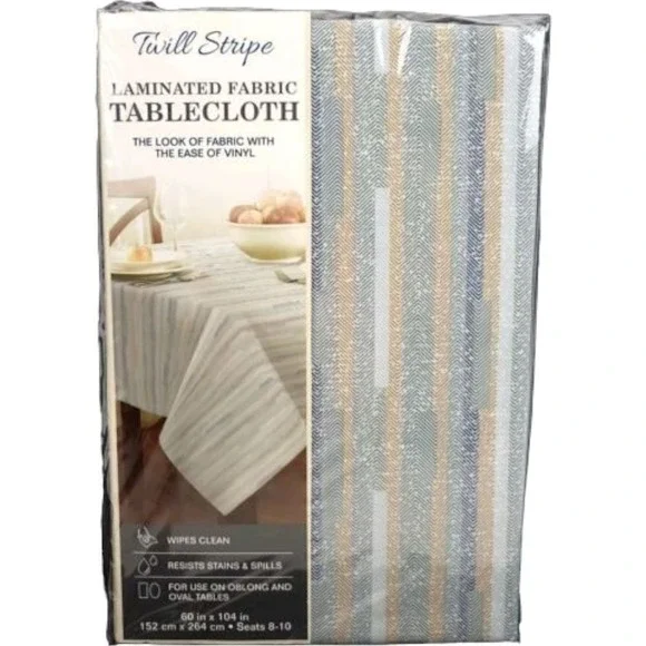 Twill Striped Laminated Fabric Dinner Table Tablecloth Oblong 60‎ x 104 Blue Tan