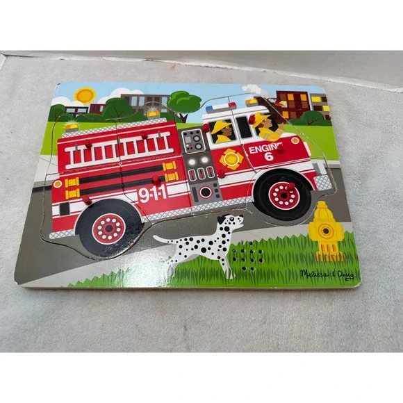 Rare Retired Melissa & Doug Sound Puzzle Kids Red Fire Engine Wooden Working