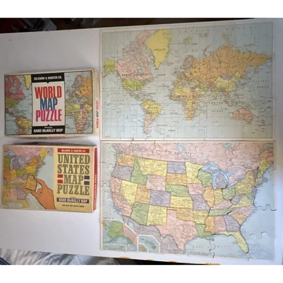 2 Vintage Rand McNally United States & World Map Puzzles  by Selchow‎ & Righter