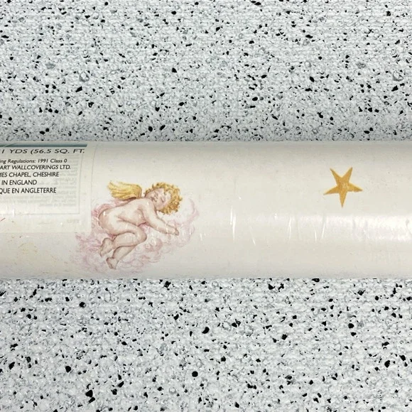 VTG 90s Fine Decor Ready Pasted Vinyl Wallpaper Covering Celestial Cherub‎ Star