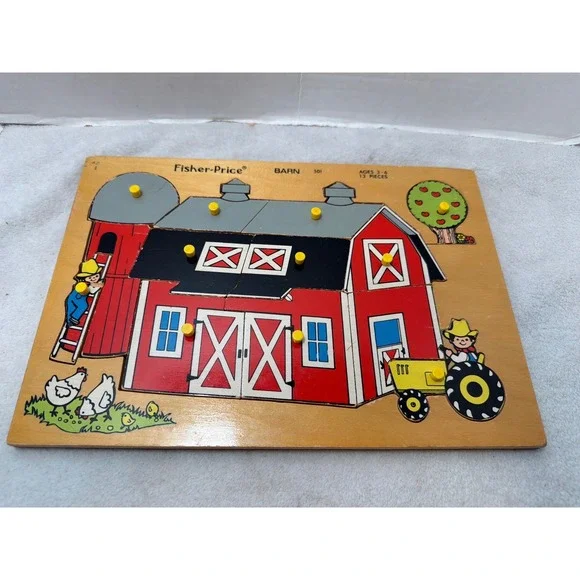 Vintage Fisher-Price Barn 501 Wooden Peg Puzzle Kids Red 13 Piece Farm
