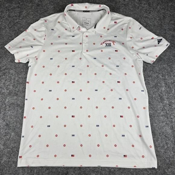 Adidas Polo Shirt Mens Large Vaqueros Del‎ Mar XIII All Over Print Golf USA Flag