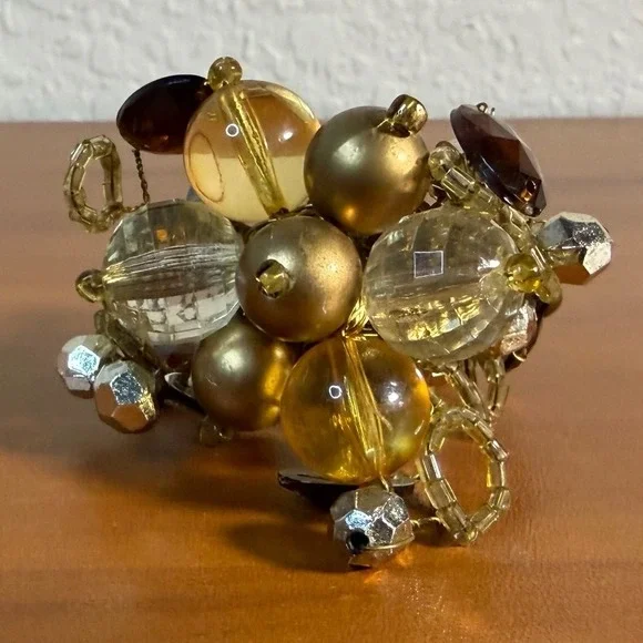 Set of 8 Beaded Napkin Rings Gold Amber Clear Glass Cluster Table Decor 1.5in