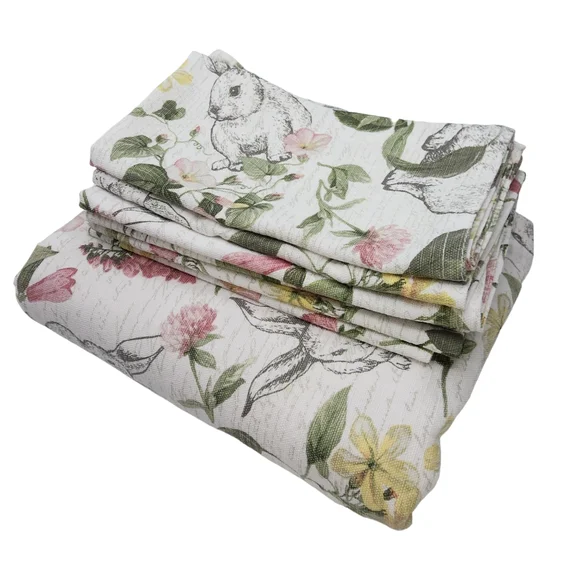 60x75 Oblong Tablecloth and Napkins Set with Flowers and‎ Bunnies Printed - USED