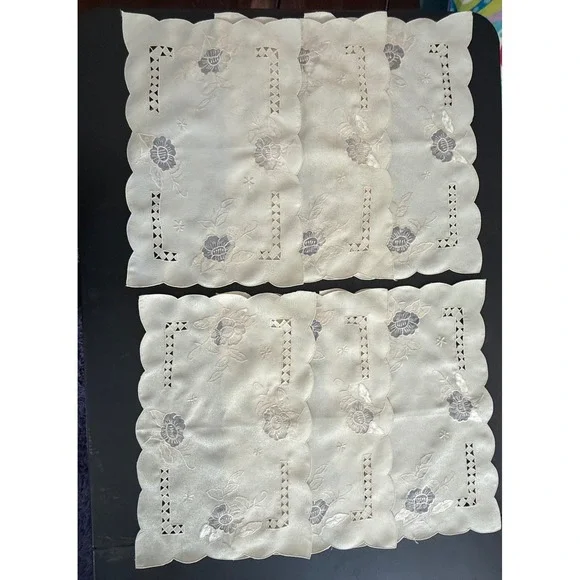 Vintage Cream Embroidered Floral Cutwork Scalloped Placemats Napkins Set of 8