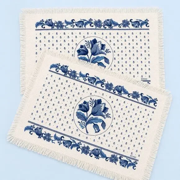 Set of 2 Vintage Pfaltzgraff Blue Floral Fringed Placemats 12x18 Cottage Core