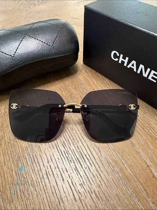 CHANEL Black Square Rimless Sunglasses with Gold CC Accents