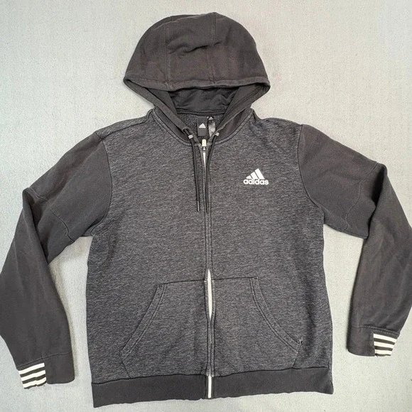 Adidas Mens Full Zip Hoodie Gray Heathered Sweatshirt Medium Striped Cuffs
