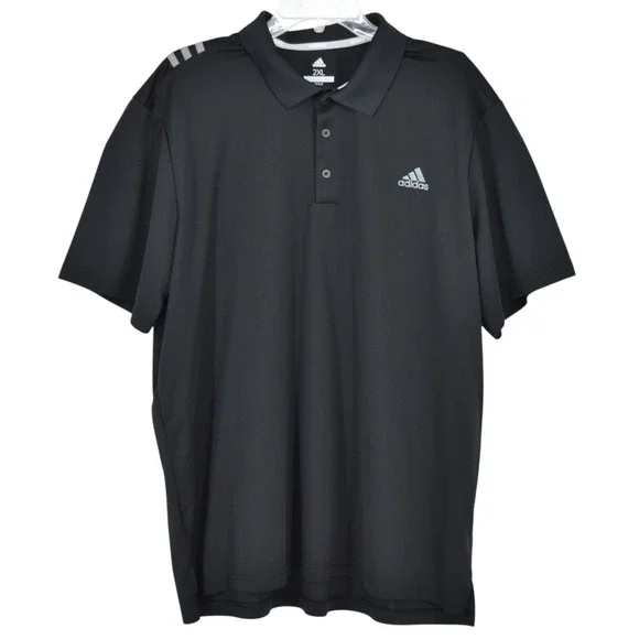 adidas Golf Mens 2XL Black 3-Stripes Shoulder Performance Polo Shirt XXL Top