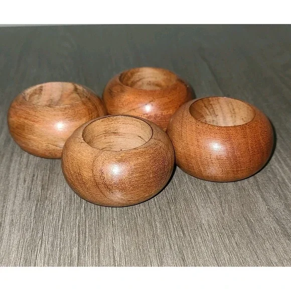 Vtg Wood Napkin Rings Set of 4 Hand Turned Rustic Boho Table Decor