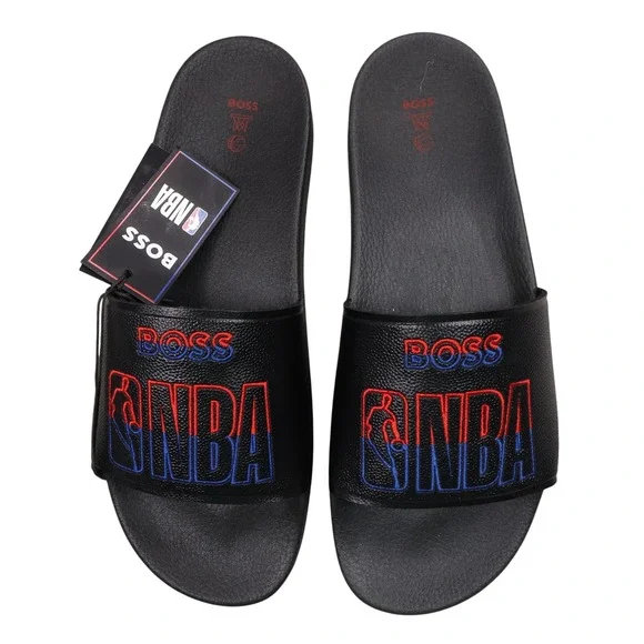 NEW Hugo BOSS NBA Logo Slides Sandals‎ Casual Made in Italy Black Size 45 US 12