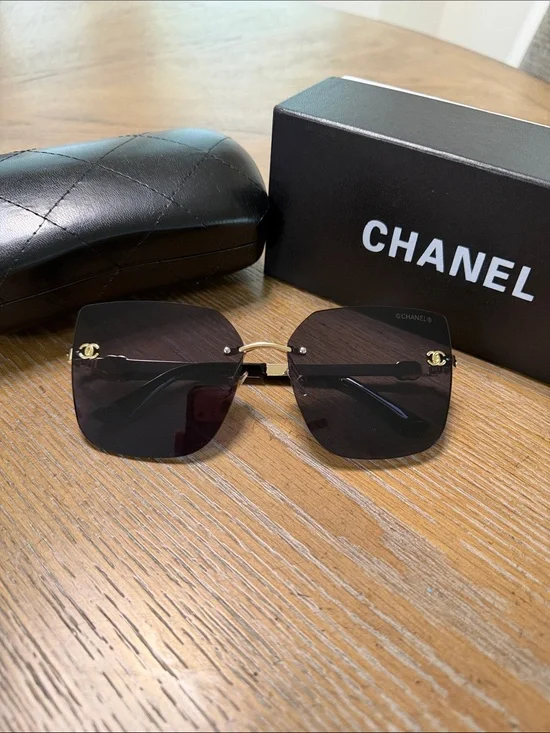 CHANEL Rimless Square Sunglasses with Dark Gradient Lenses and Gold Accents
