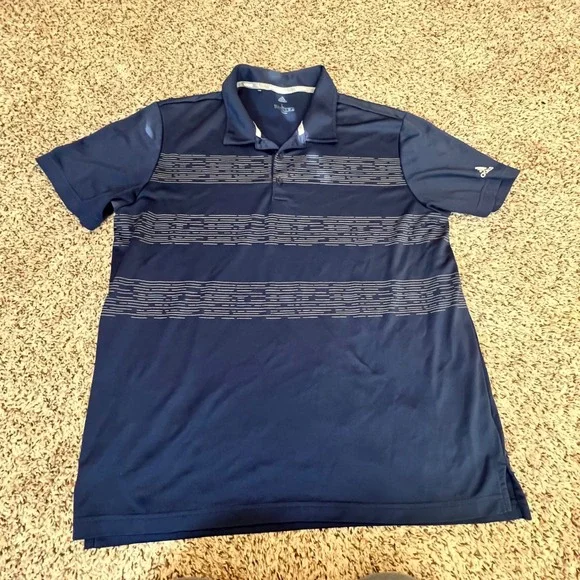 Adidas Mens Golf Polo Shirt‎ Navy Blue Striped Performance Short Sleeve Large