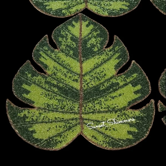 4pc Set Tropical Palm Monstera Leaf BEADED Placemats / Chargers NEW