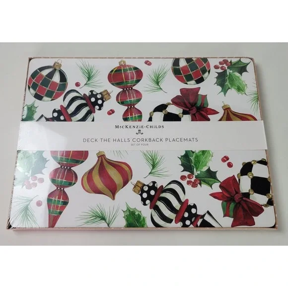 MacKenzie Childs Deck the Halls Corkback Placemats Set‎ of 4 Christmas Ornaments
