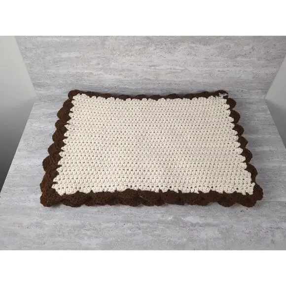 Crochet Placemats, Scalloped Edge,‎ Cream & Brown, Set Of 4