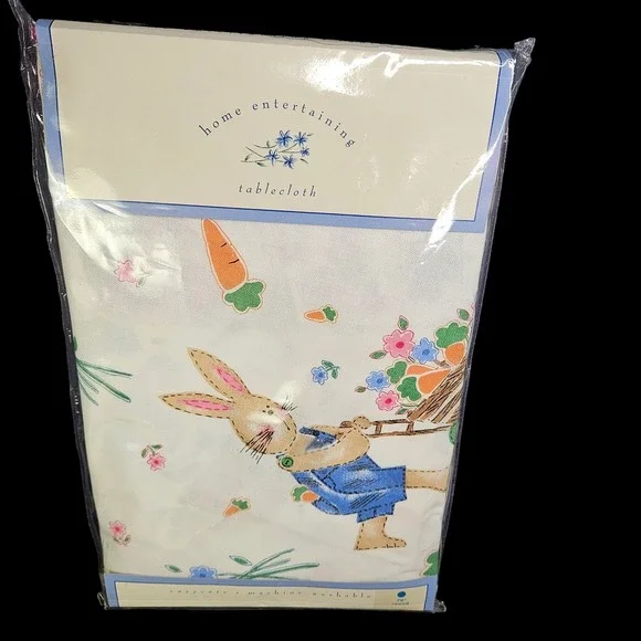 Garden Bunnies Easter Spring Tablecloth 70 Inch Round Floral Cotton Dining New