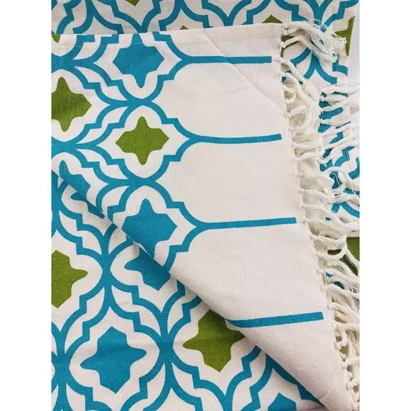 Cotton Tablecloth Runner Moroccan Style Made In India Blue Green Fringe Jabara