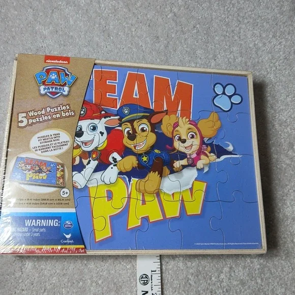 Paw Patrol Set of 5 Wood Puzzles in Wooden Storage Box Ages 3+ New