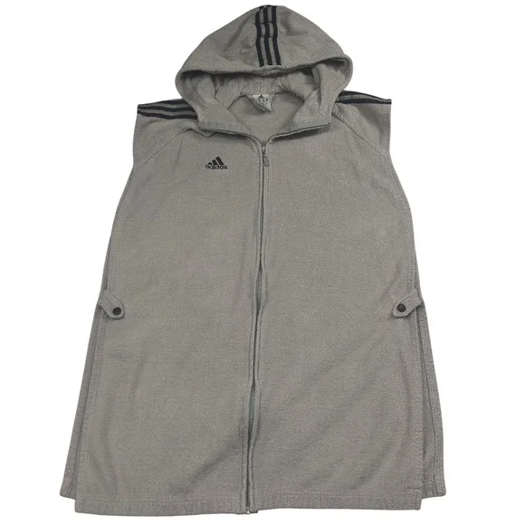 Adidas Mens Terrycloth Sleeveless Full Zip Hoodie Gray 3-Stripes Vest Size L