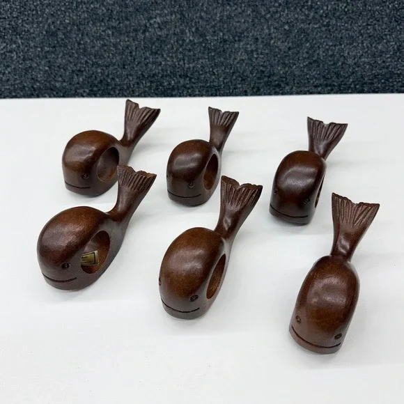 Vintage Hand Carved Wood Whale Napkin Rings Set of 6 Dark Brown Nautical Coastal