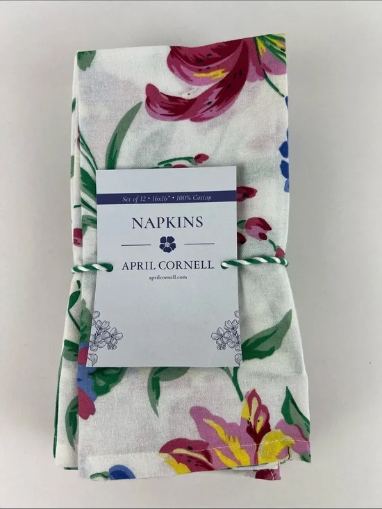 April Cornell Cloth Napkins Lillianna Floral Pink Blue 100% Cotton 12 Pc Set NEW