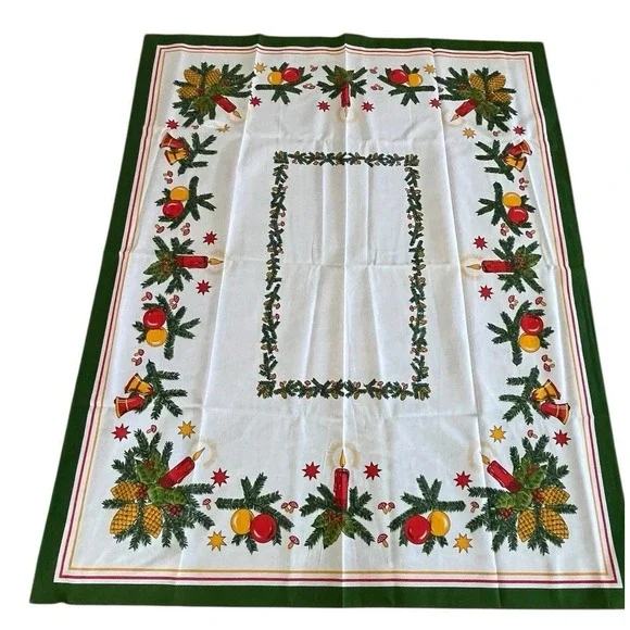 Vintage‎ Christmas Tablecloth NOS Candle Mushroom Ornament Pinecone Green Border