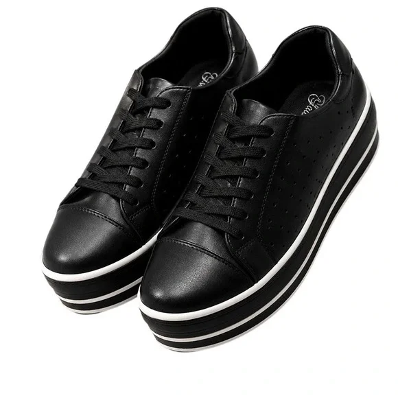 Irene-05 Black Faux Leather Platform Sneakers Striped Sole Womens 7.5
