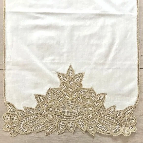Holiday Gold Metallic Lace Table Runner Battenberg Floral 17x60