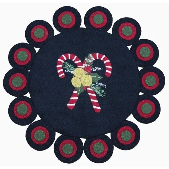 Primitive CANDY CANE Christmas Candle Mat Penny Rug Wool Felt 15