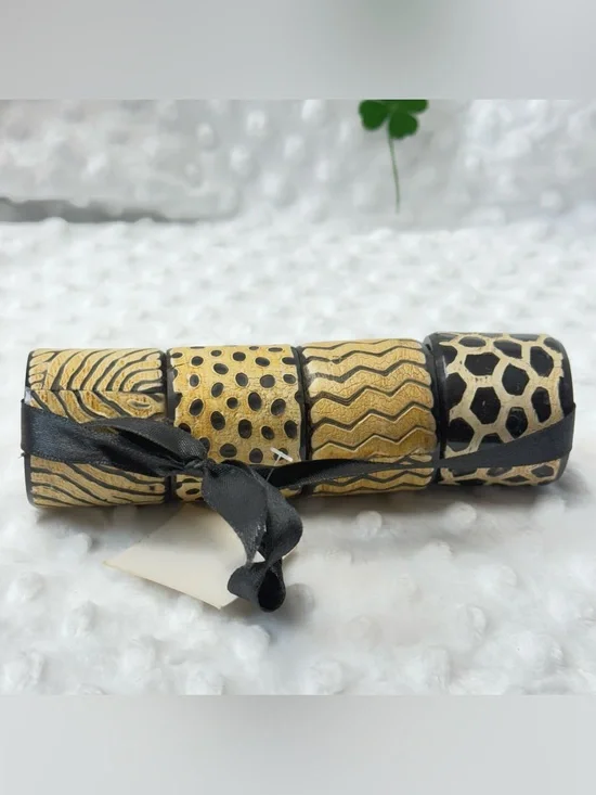 Vintage African Carved Pattern Napkin Rings Set