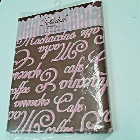 52 x 70 Inch Pink Coffee Sayings Brown Background Vinyl Flannel Backing PVC Free