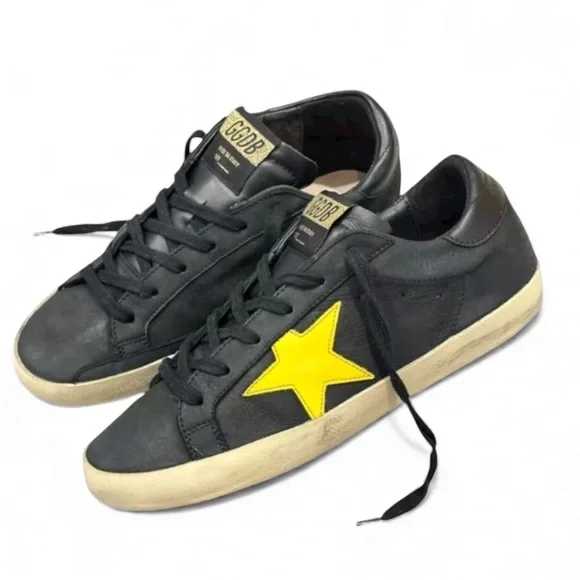 GOLDEN GOOSE Black Nubuck And Yellow Leather Hi Star Sneakers Size 7.5