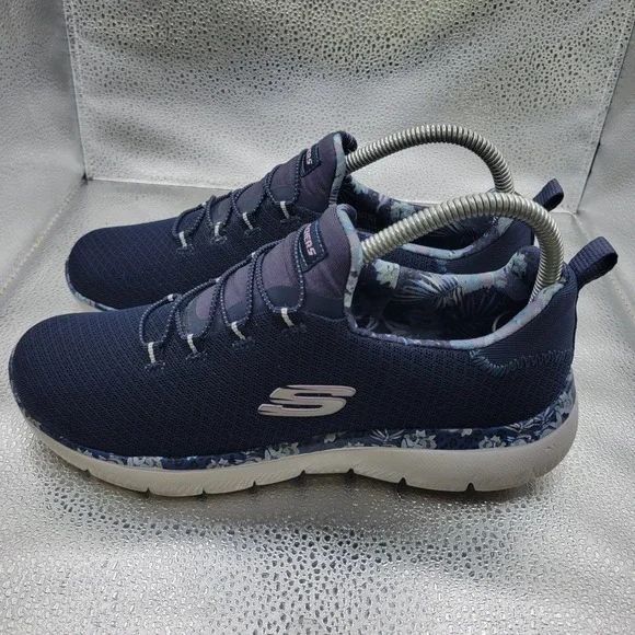 Skechers Womens Summits Size 7 Navy Blue Floral Trim Sneakers Memory Foam